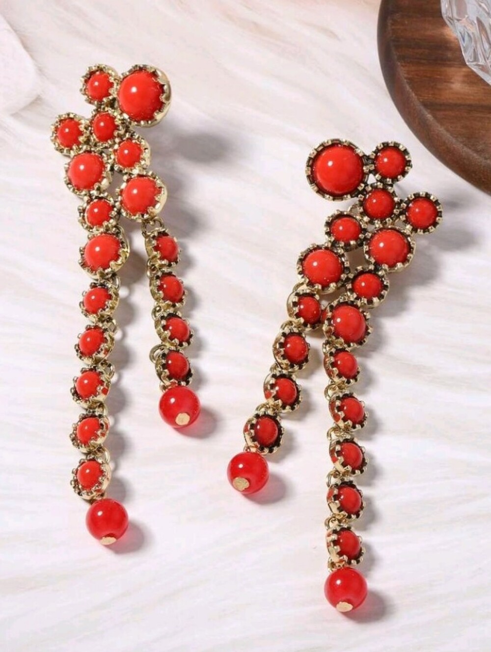 NEW! Stunning Red-Orange Beaded Long Gold Drop Post Earrings